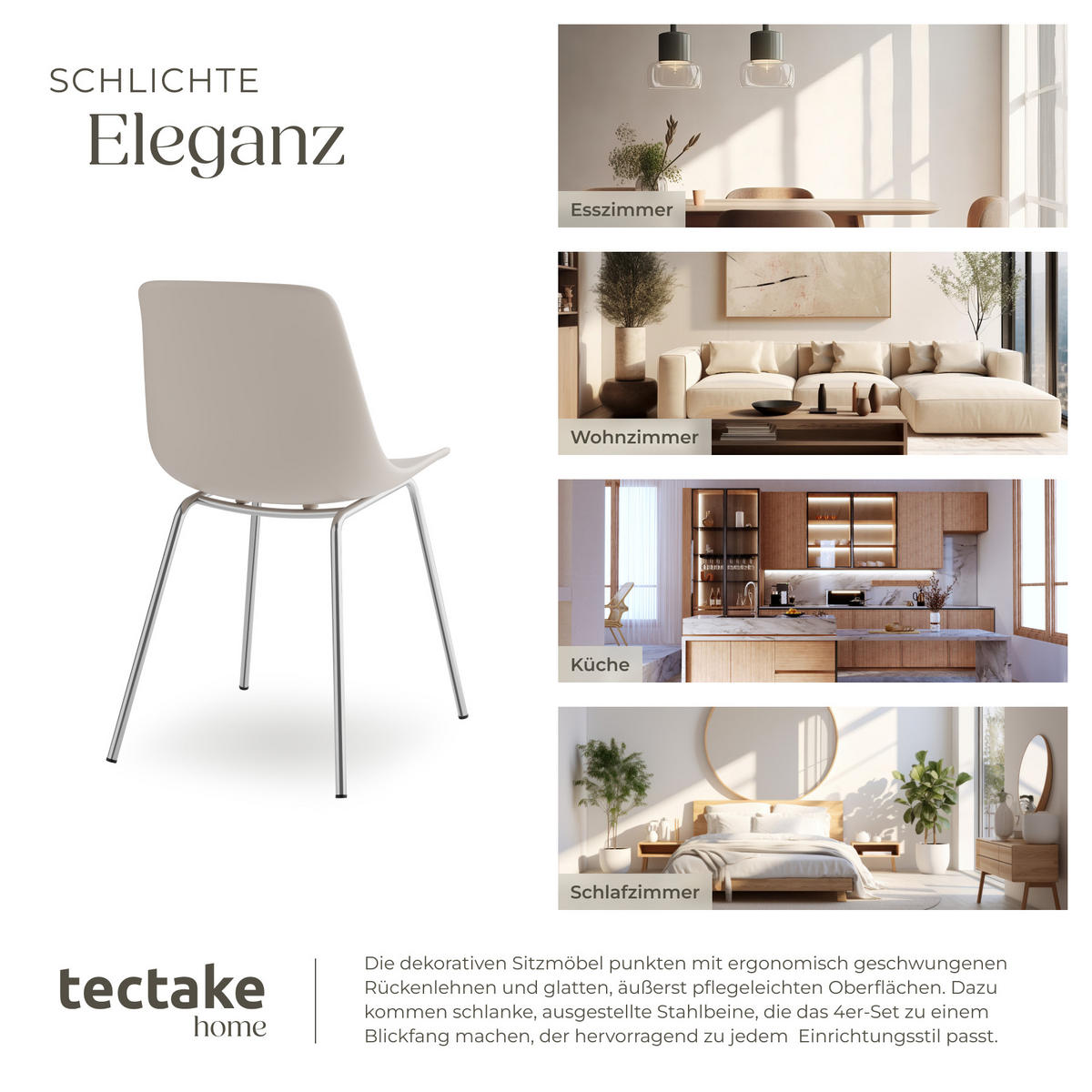 KUNSTSTOFFSTUHL 4er Set Mave 46 x 55 x 80 5 cm taupe/chrom - Taupe, Textil (46/80.5/55cm) - tectake