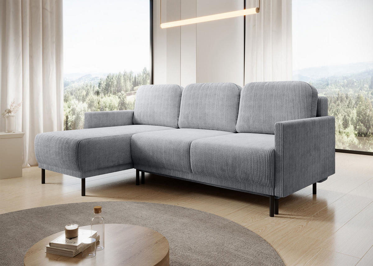 ECKSOFA Hamiel Hellgrau Cordbezug - Hellgrau/Schwarz, Holz/Textil (212/142cm) - Selsey