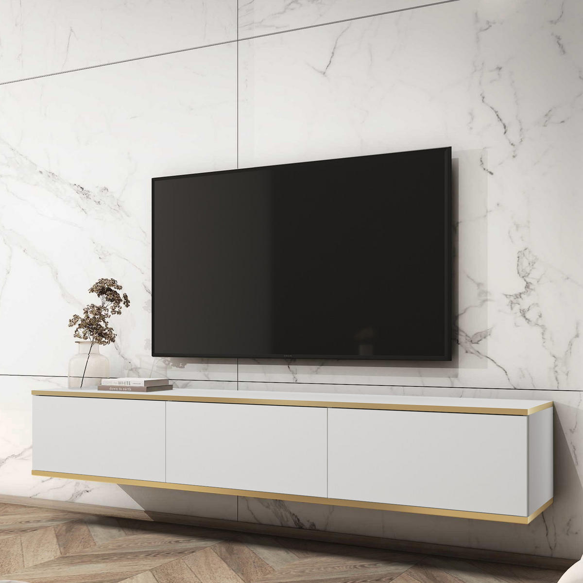 TV-LOWBOARD FORNO (Weiß, Goldene Details, 3 Türen, 175 cm) - Weiß, Holz/Holzwerkstoff (175/30/32cm) - Ravio