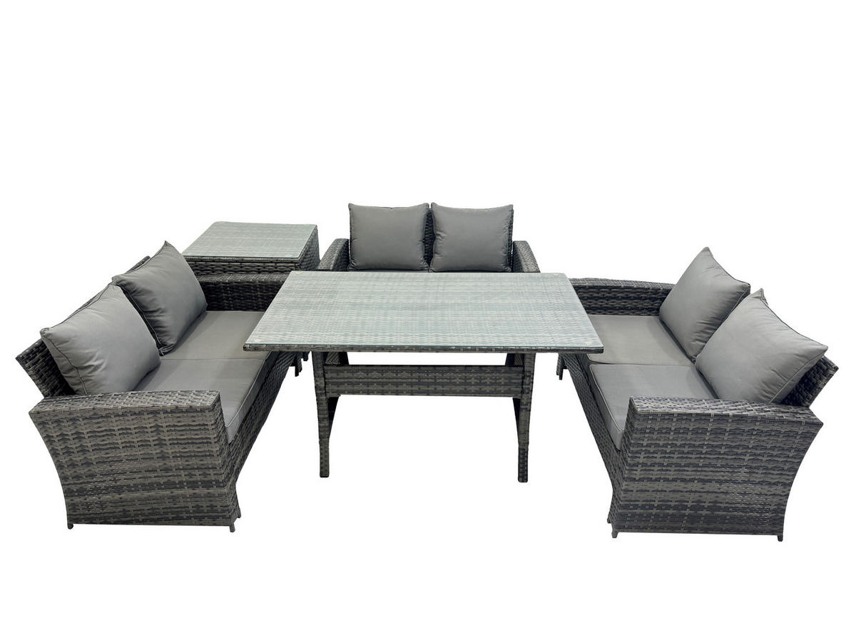 GARTENMÖBELSET mit Zweisitzer,Esstisch,Beistelltisch Polyrattan Dunkelgrau 6-Sitzer - Dunkelgrau/Grau, Glas/Kunststoff - Fimous