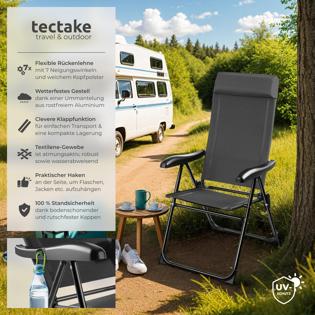 CAMPINGSTUHL Müritz,Belastbarkeit 120 kg, 57 x 65 x 112 cm,anthrazit - Anthrazit, Kunststoff (57/112/65cm) - tectake