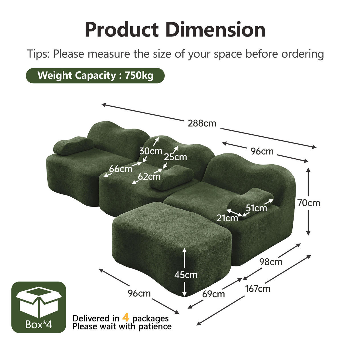 SOFA modulares Ecksofa Samt Grün mit Hocker - Grün, Textil (167/288cm) - Meubliv