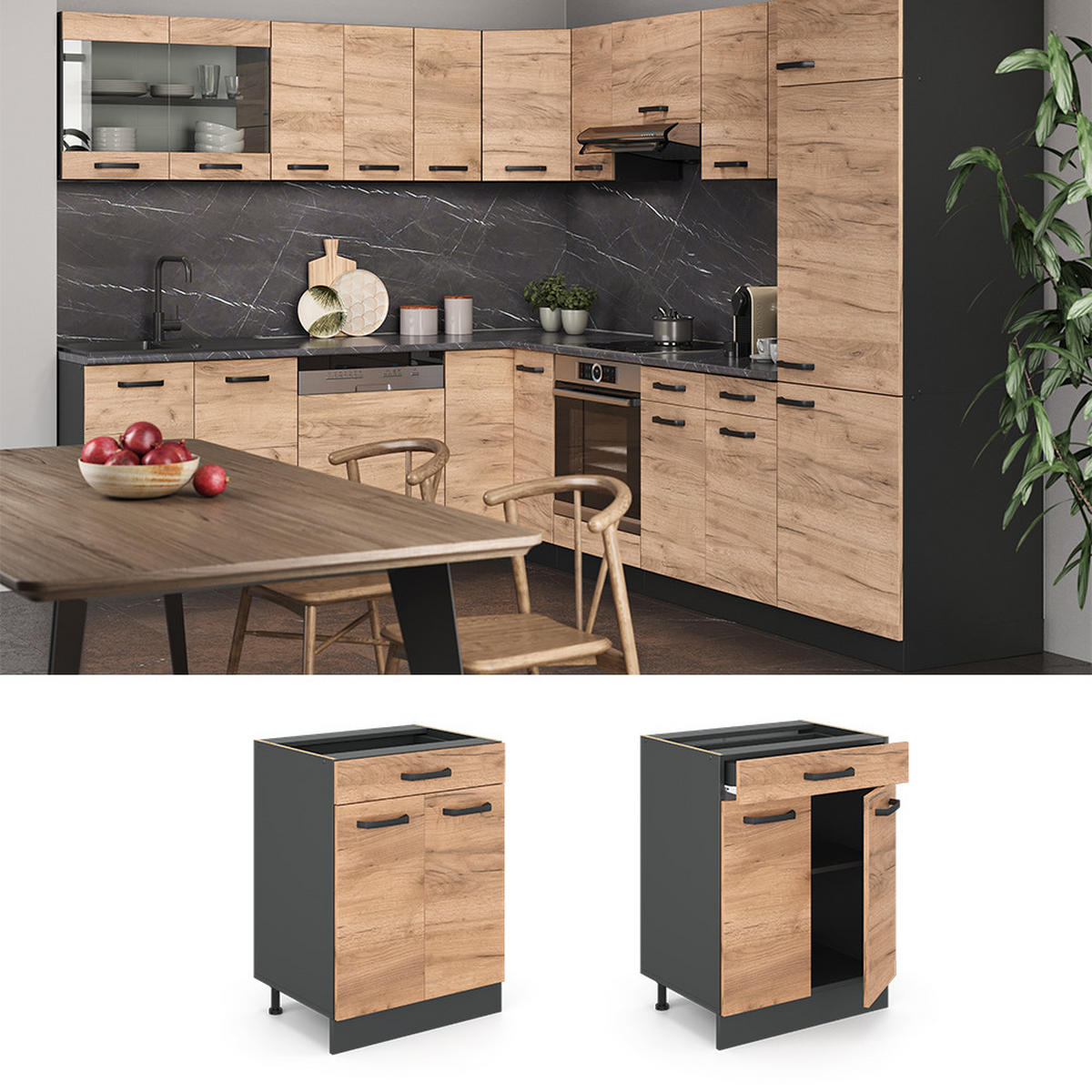 KÜCHENUNTERSCHRANK R-Line Goldkraft Eiche 60 cm mit Schublade, ohne Arbeitsplatte - Anthrazit/Eiche Wotan, Holzwerkstoff (60/81.6/46cm) - Vicco