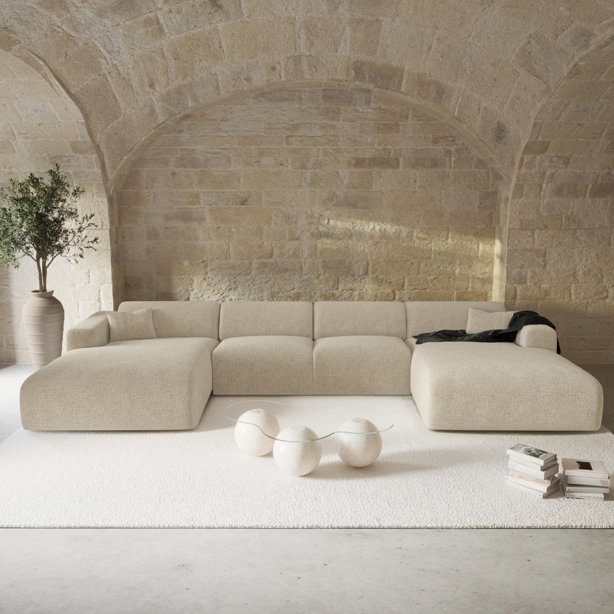 WOHNLANDSCHAFT Texturierter Samt Beige 356cm - Beige, Textil (356/73/166cm) - Sia Home