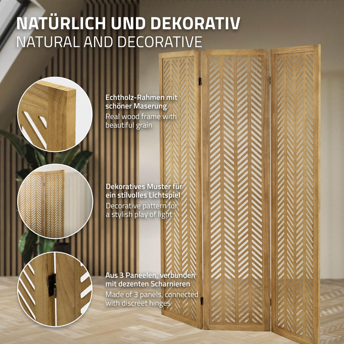 PARAVENT 3dílný Kobe 170 x 121 cm, přírodní, ze dřeva - hnědá, dřevo (121/170/2cm) - ML-DESIGN