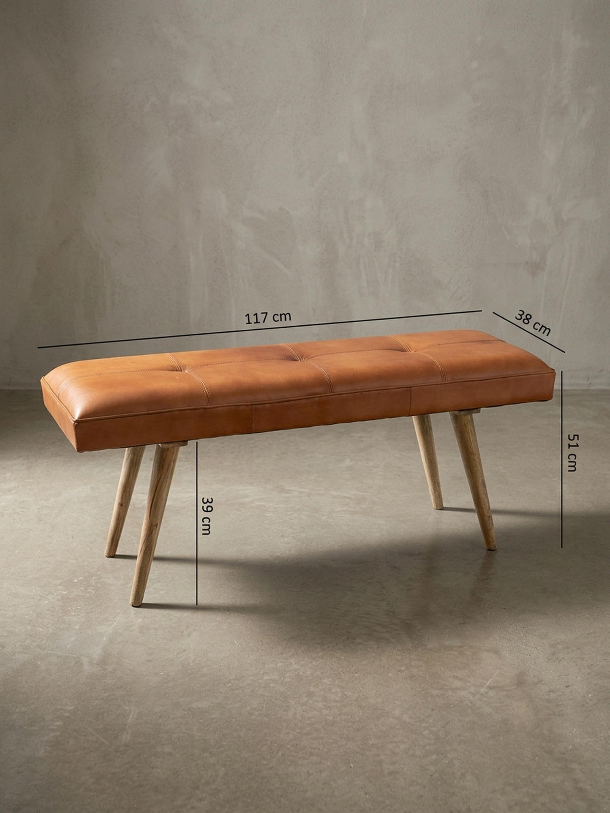 SITZBANK – Ziegenleder/Massivholz, Retro-Stil, 200 kg Belastbarkeit - Braun, Mangoholz/Leder (117/51/38cm) - KADIMA DESIGN