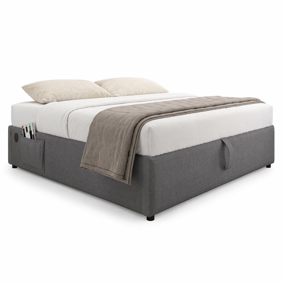 ČALOUNĚNÁ POSTEL 140/200 cm v šedé barvě s úložným prostorem, USB a Type-C - šedá, kov/kompozitní dřevo (140/200cm) - CHICFURN