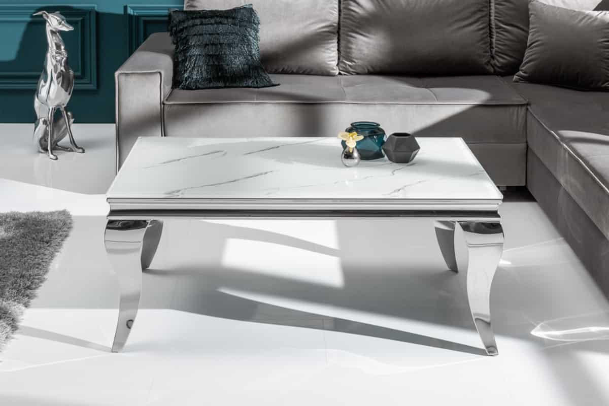 COUCHTISCH MODERN BAROCK Marmor rechteckig Grau|Silber|Weiß 100cm - Silberfarben/Weiß, Glas/Stein (60/100/45cm) - riess-ambiente