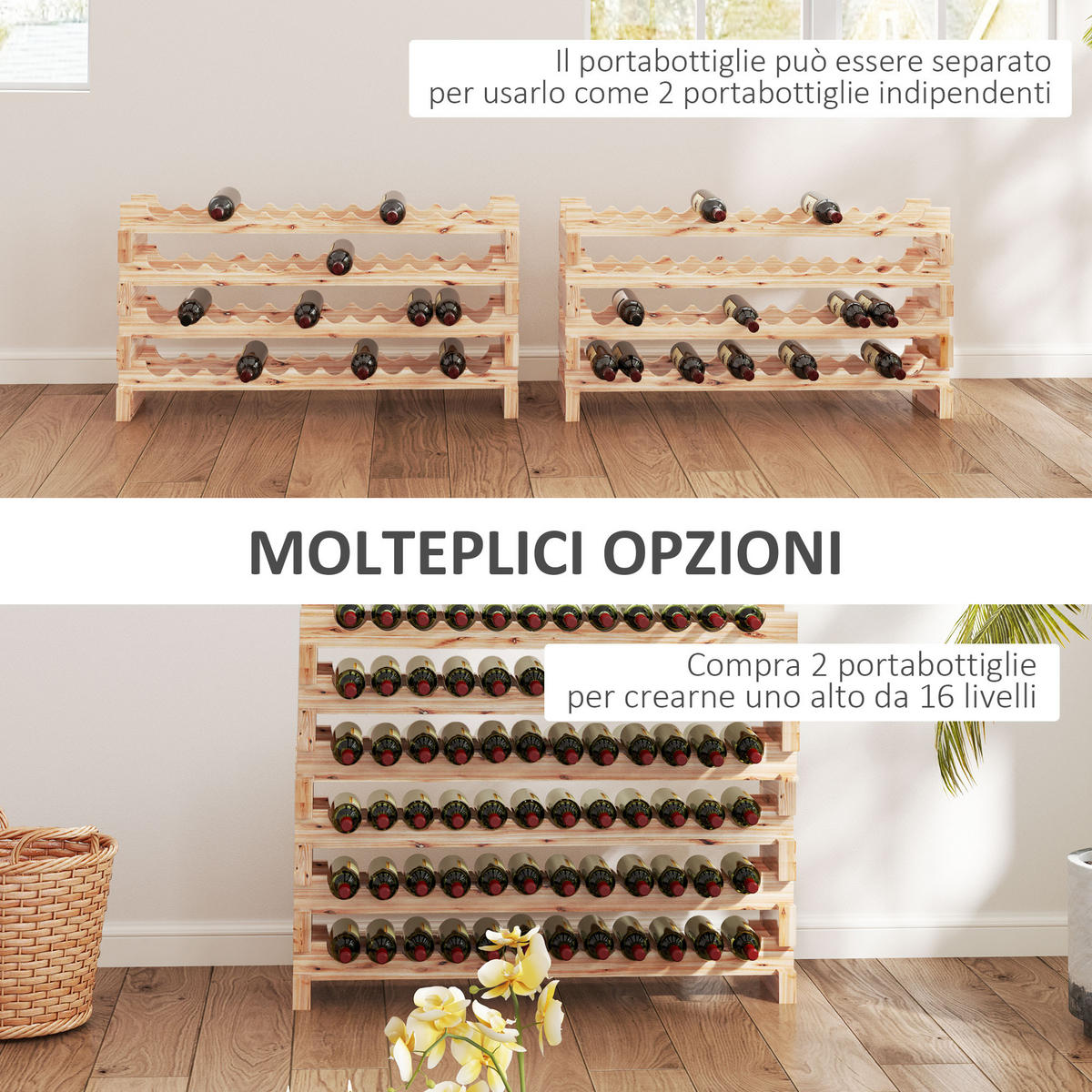 WEINREGAL, Kiefernholz, 8 Ablagen, 96 Flaschen, Holzfarbe, 114x28x113,5cm - Multicolor, Metall (114/113.5/28cm) - FORIOUS