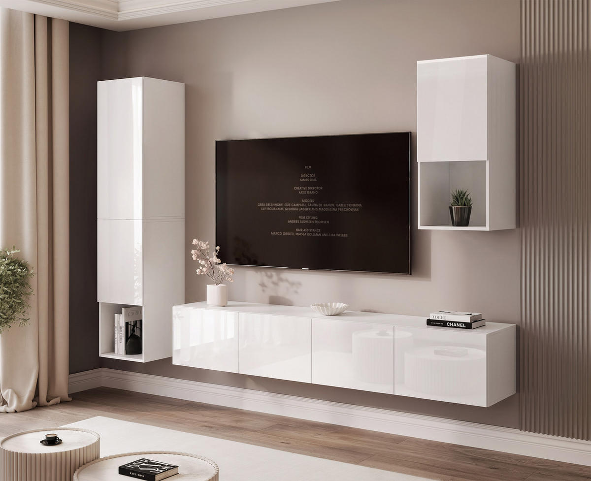 WOHNWAND ANGEL LINE III 3-teilig, mit LED-Beleuchtung, Weiß Hochglanz - Weiß Hochglanz, Holzwerkstoff (240/216/40cm) - Idohome