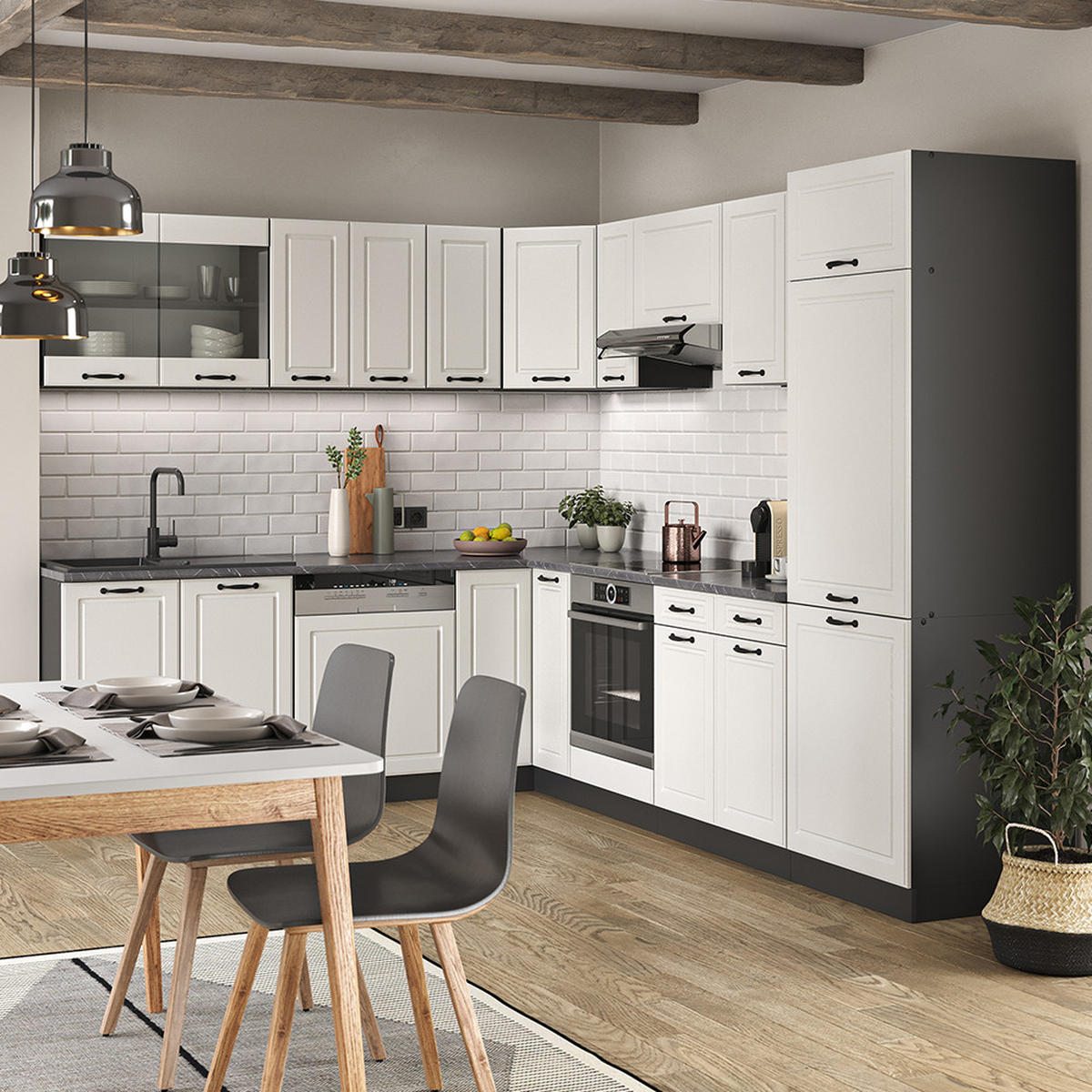 ECKKÜCHE R-Line Weiß Landhaus/Anthrazit 227 x 287 cm, AP Marmor - Anthrazit/Creme, Holzwerkstoff (287/81.6/60cm) - Vicco
