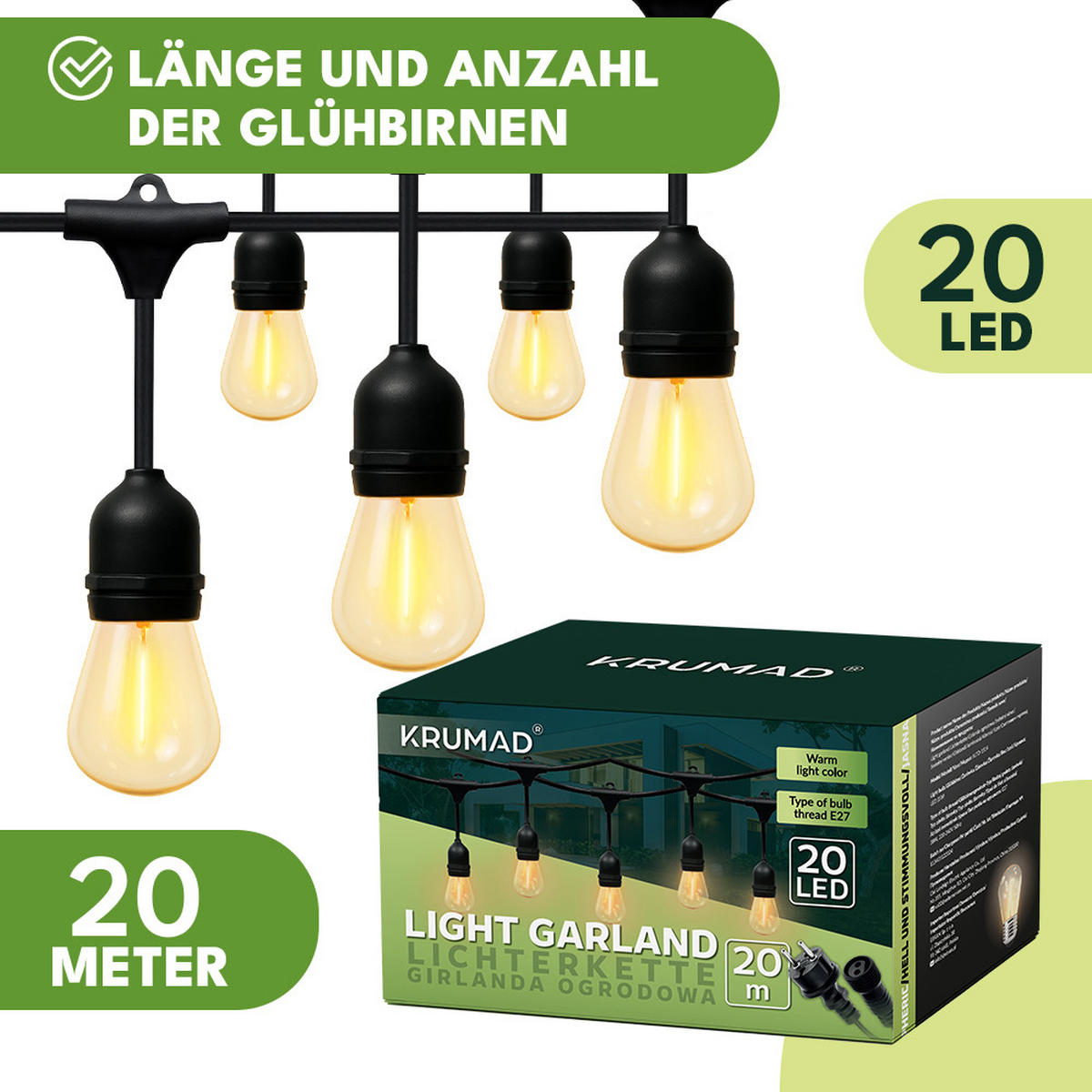 AUSSENLEUCHTE Girlande LED Außen Lichterkette 20m - Schwarz, Kunststoff (20000/10/10cm) - KRUMAD