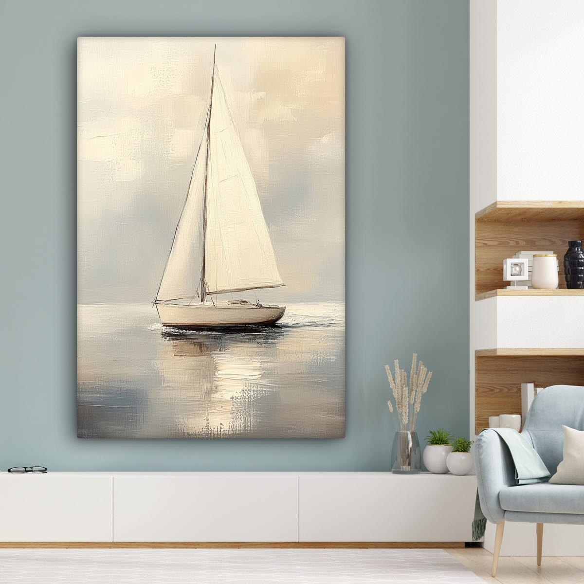 OBRAZ NA PLÁTNĚ Plachetnice - Moře - Oblačno 90x140 cm - krémová, textil (90/140cm) - MuchoWow
