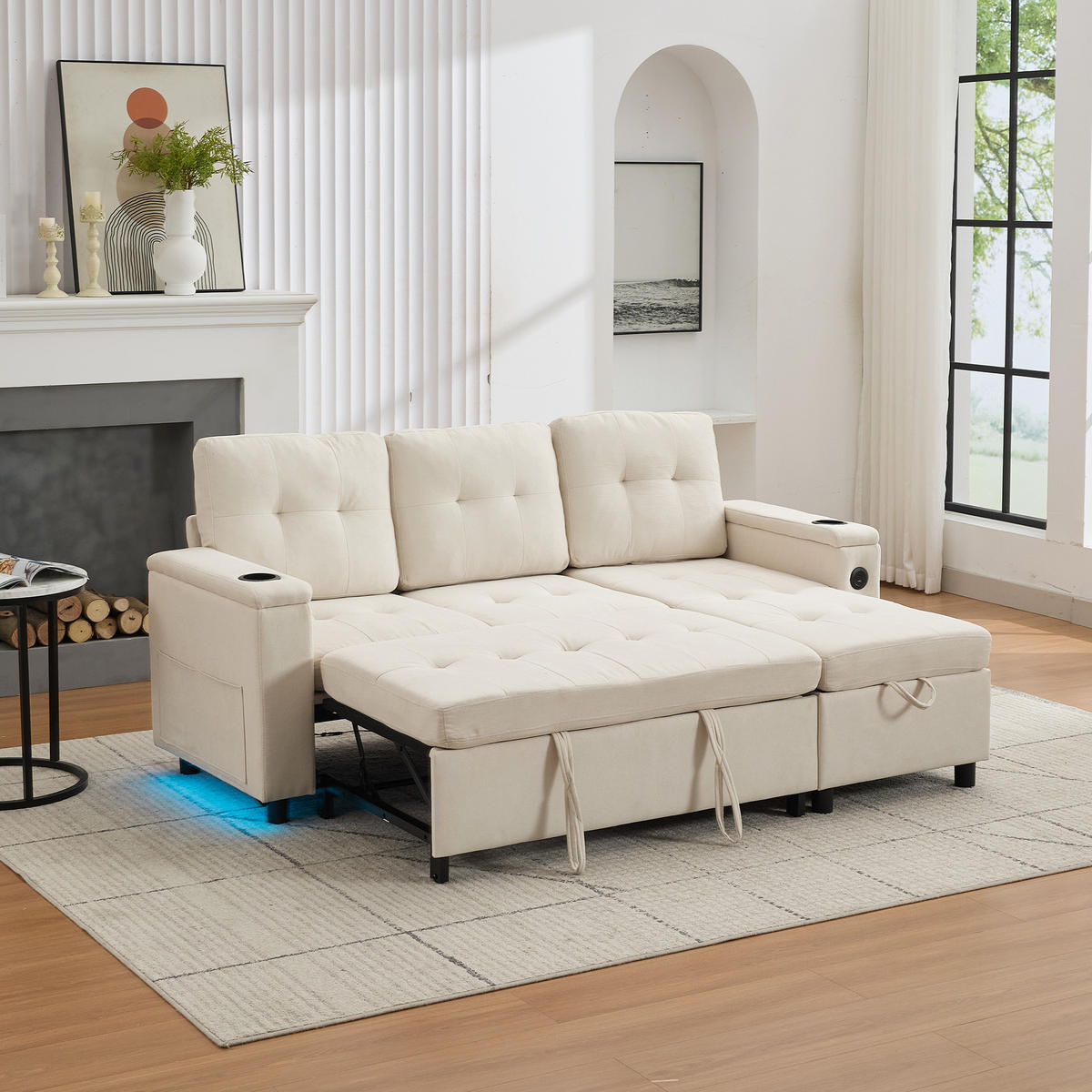 ECKSOFA L Form Schlafsofa Stauraum LED 3-Sitzer Beige 208cm - Beige, Textil (208/146cm) - FLIEKS
