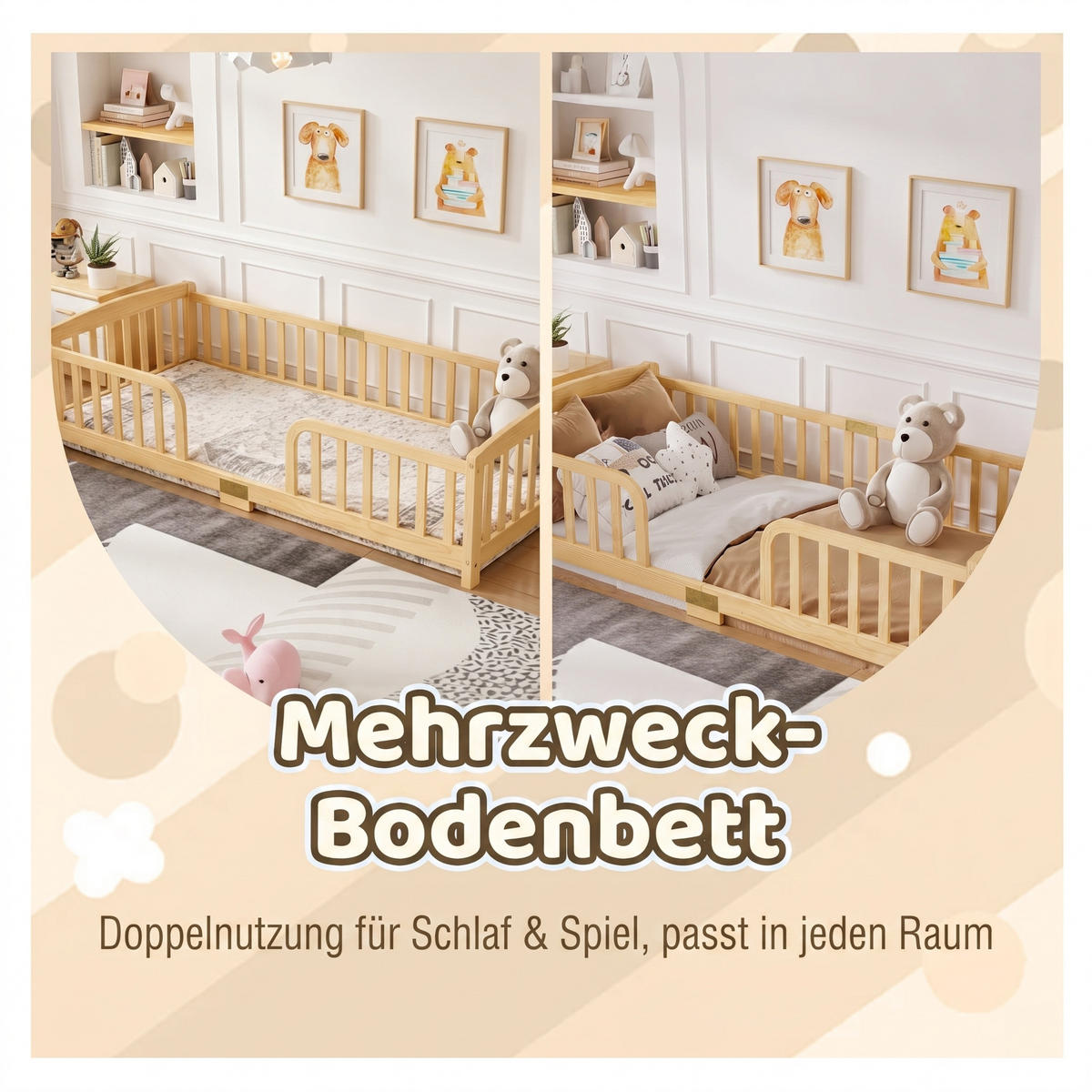 BODENBETT 90/200 cm DE-32892 mit Sicherheitsgeländer Naturholz - Naturfarben, Holz (90/200cm) - ComfortXL