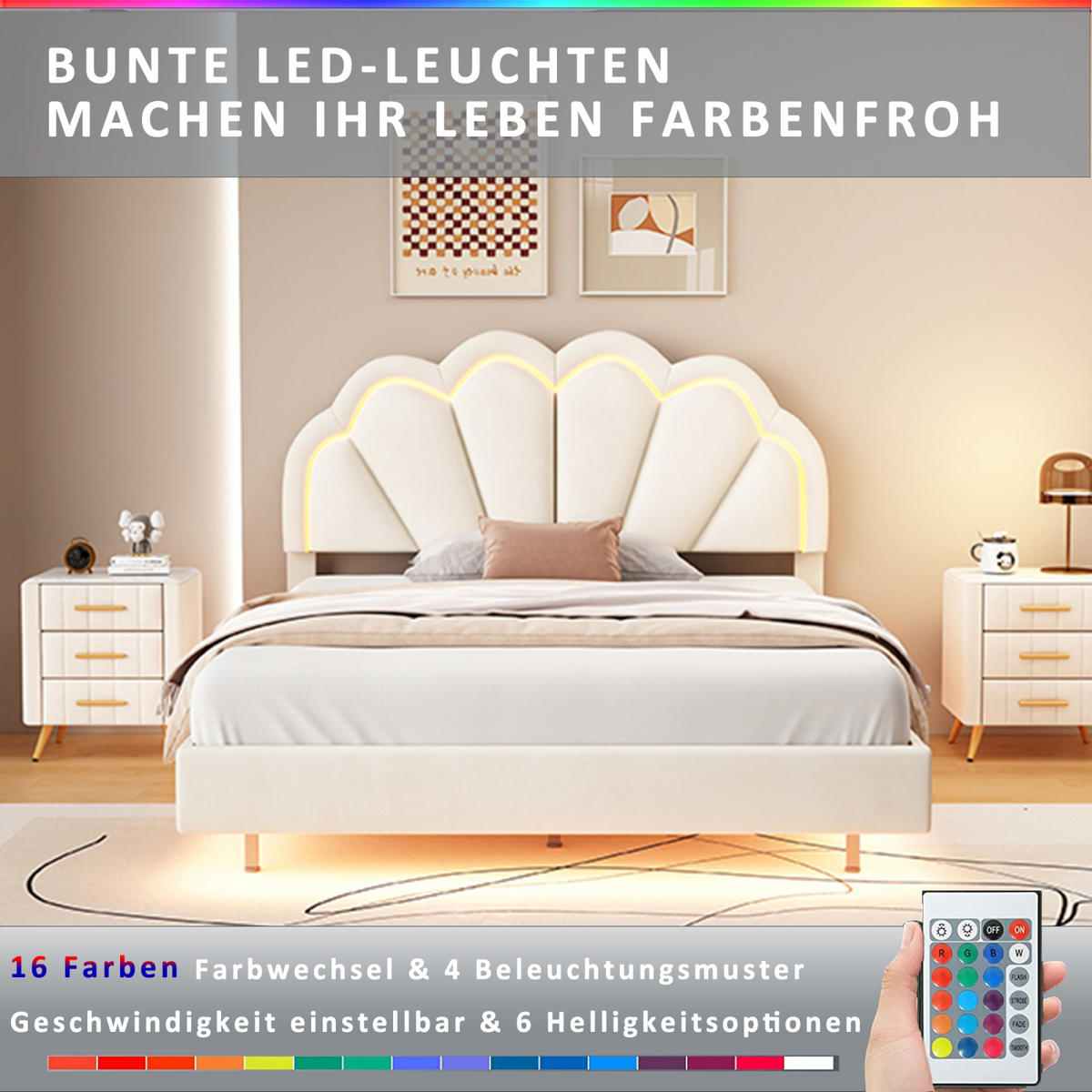 KINDERBETT Polsterbett 140x200cm, doppelbett mit lattenrost und Blumen rückenlehne, Modernes Jugendbett, Beige - Beige, Holz/Holzwerkstoff (140/200cm) - BursDany
