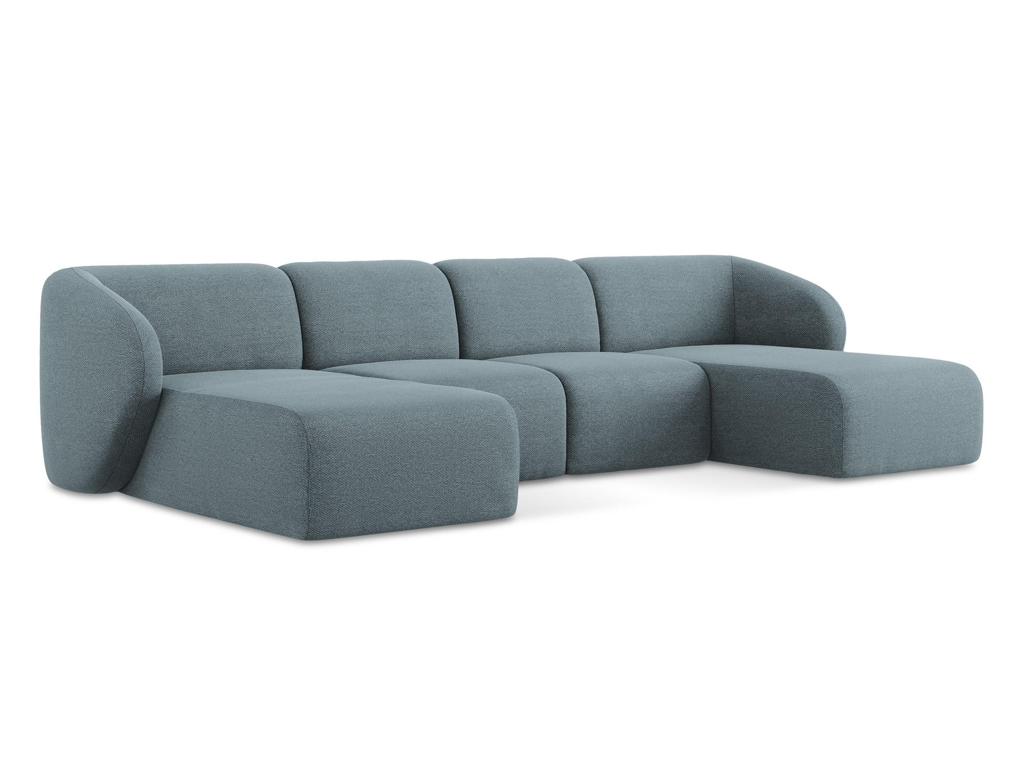 WOHNLANDSCHAFT Bouclé Stoff Blau - Blaugrau/Schwarz, Holzwerkstoff/Kunststoff (370/74/170cm) - Makamii