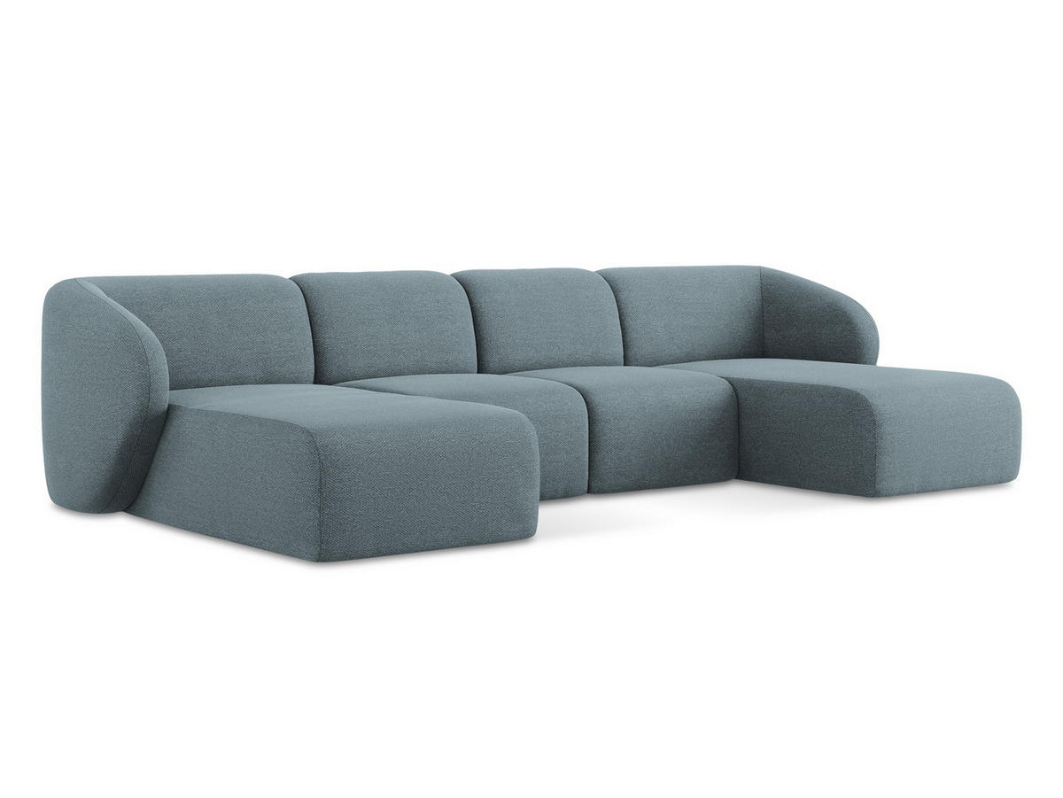 WOHNLANDSCHAFT Bouclé Stoff Blau - Blaugrau/Schwarz, Holzwerkstoff/Kunststoff (370/74/170cm) - Makamii