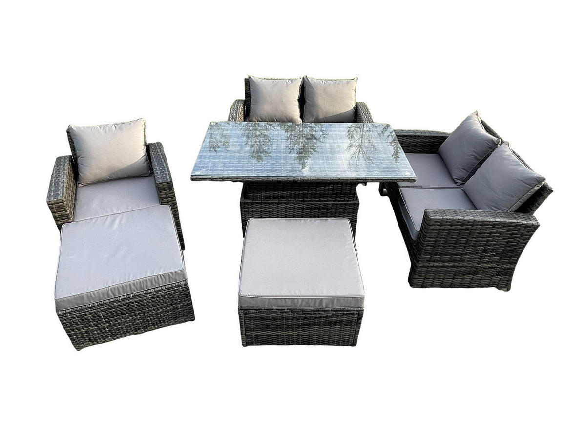 GARTENMÖBEL-SET HÖHENVERSTELLBARER ESSTISCH MIT 2 HOCKER DOPPELSITZ-SOFA STUHLs Polyrattan Dunkelgrau Gemischt 7-Sitzer - Dunkelgrau, Metall - Fimous