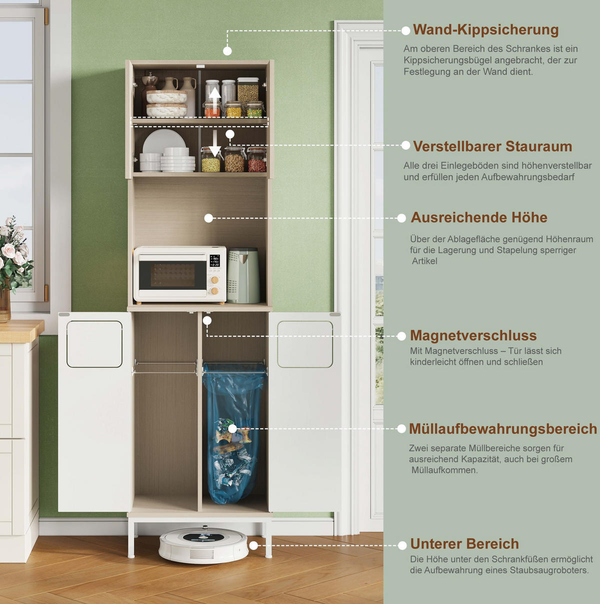 KÜCHENBUFFET 35/53/181 cm weiß aus MDF mit Müllfach - Weiß, Holzwerkstoff (35/181/53cm) - OKWISH