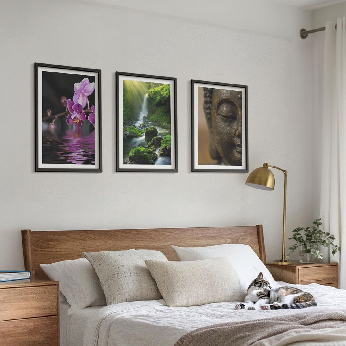 BILDER SET 3er Set - 40x60 cm Schwarzer Rahmen - Blumen, Wasserfall, Buddha-Felsen, Zen - Schwarz, Kunststoff (40/60cm) - TULUP