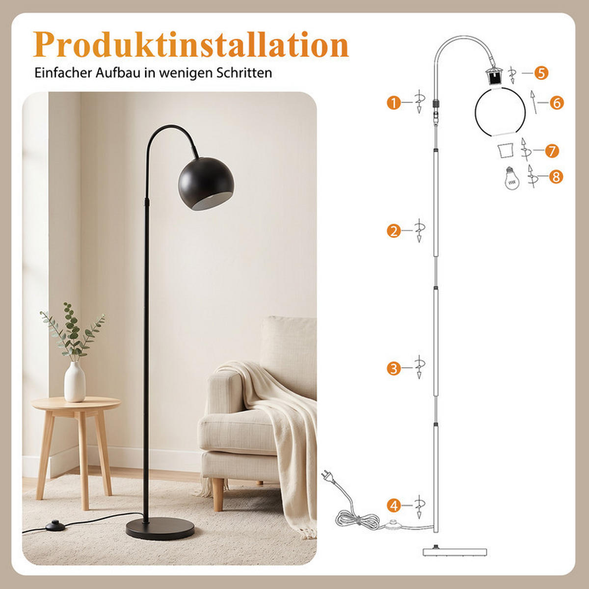 STEHLEUCHTE Gaines II 42x42x160cm - Schwarz, Metall (42/42/160cm) - Nettlife