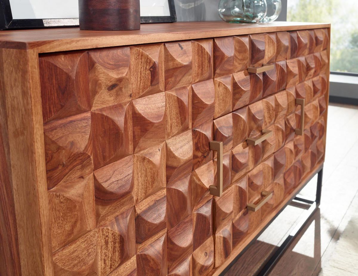 SIDEBOARD – Massivholz, 145x81x45 cm, Industrial-Stil, Metallgestell - Schwarz/Braun, Holz/Metall (145/81/45cm) - KADIMA DESIGN