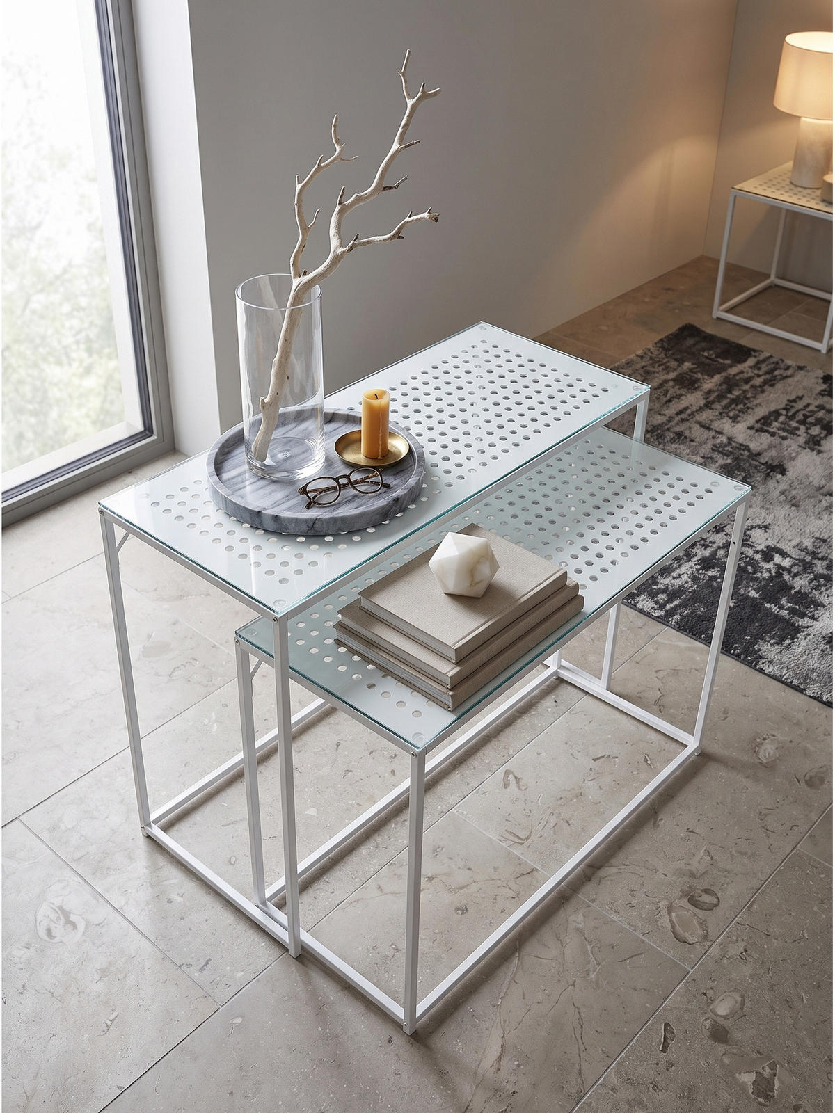 KONSOLENTISCHE 2er-Set ALCUDIA, Einscheibensicherheitsglas, Weiß, 100 x 40 x 77 cm - Weiß, Glas/Metall (40/100/77cm) - KADIMA DESIGN
