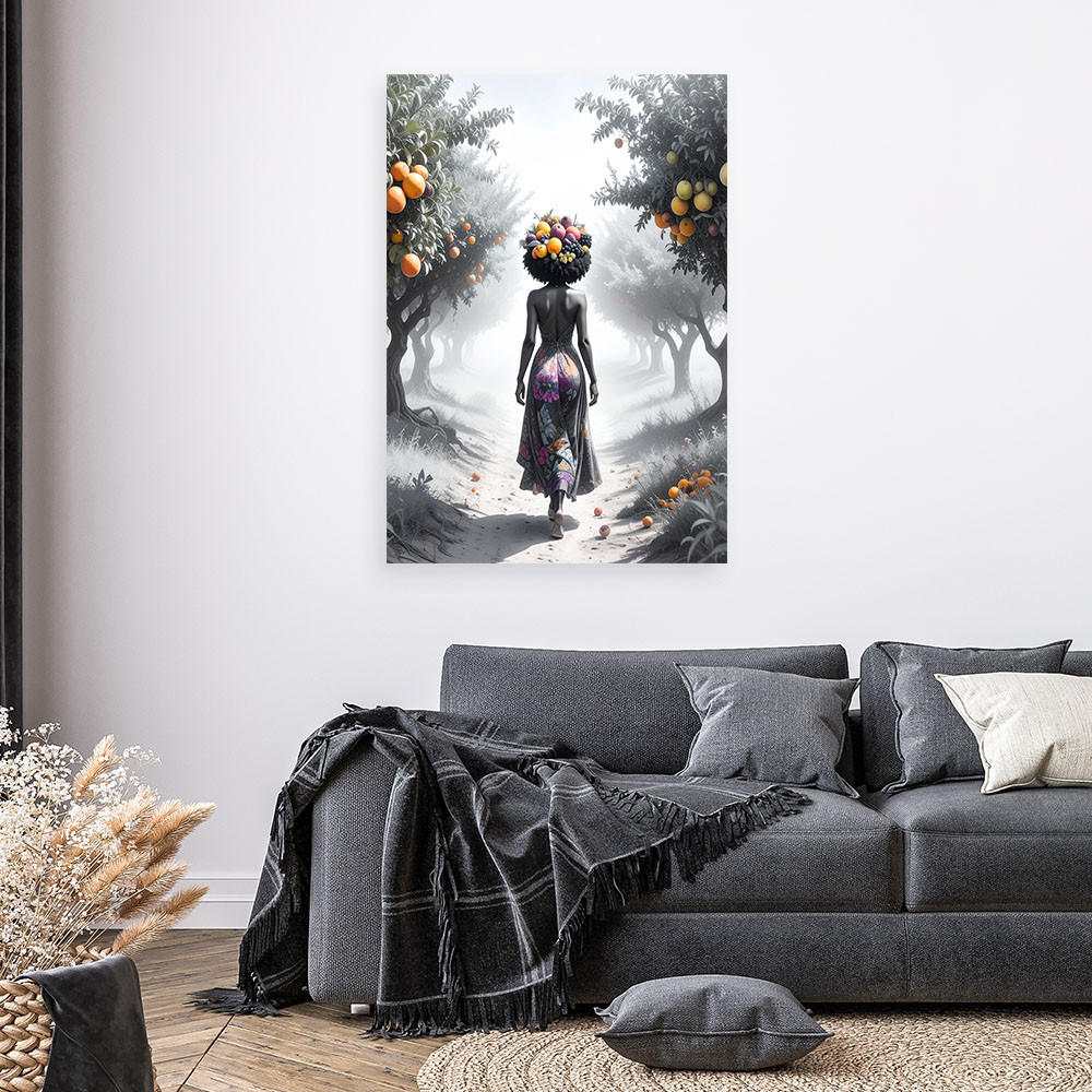 LEINWANDBILD Frau mit Früchten auf dem Kopf 60x90cm - Schwarz, Textil (60/90cm) - Feeby