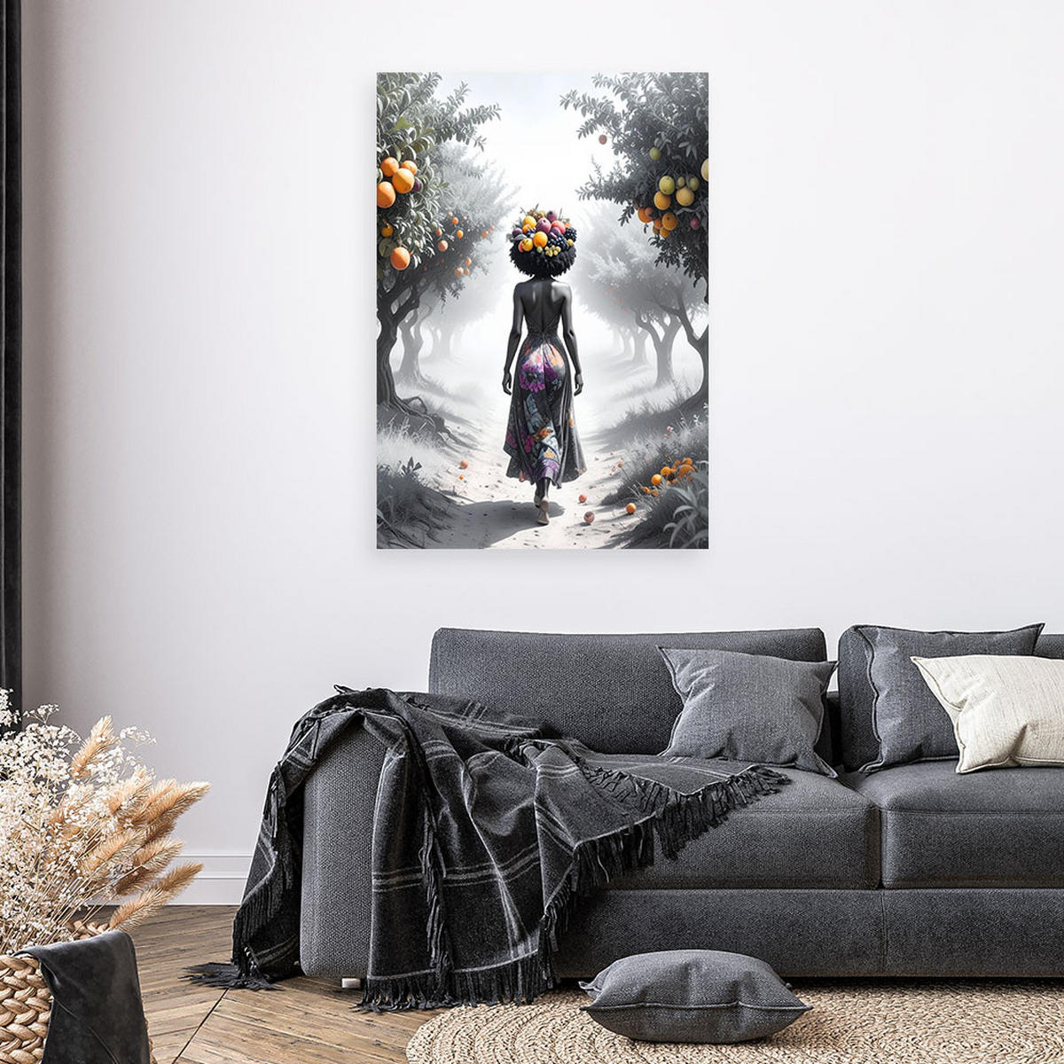 LEINWANDBILD Frau mit Früchten auf dem Kopf 60x90cm - Schwarz, Textil (60/90cm) - Feeby