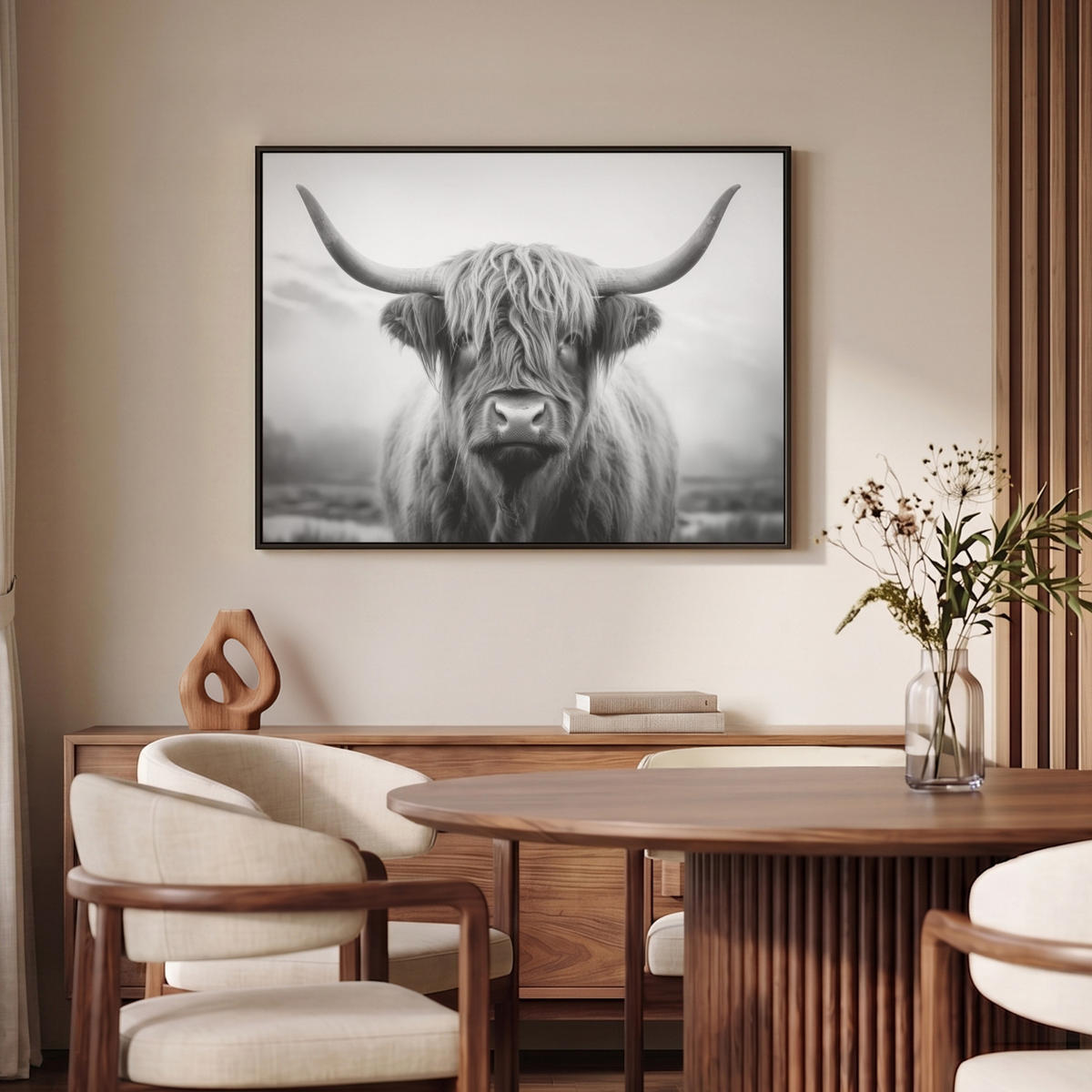 LEINWAND Bilder mit Rahmen - Schottischer Highlander - Nebel - Schwarz - Weiß - 100x70 - Grau, Textil (100/70cm) - MuchoWow