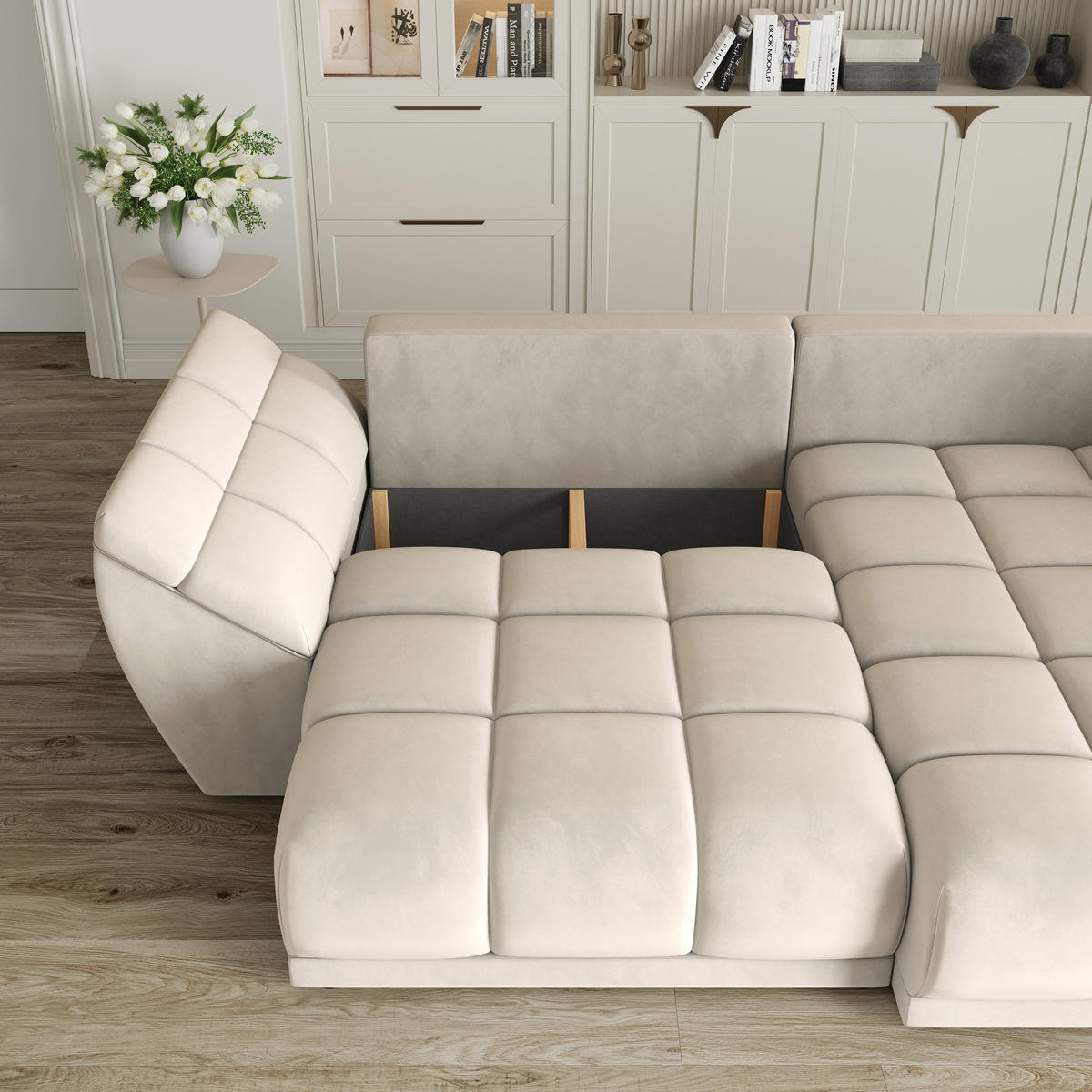 ECKSOFA ORENTI R-S Creme Velours-Stoff mit Schlaffunktion - Creme, Holz (287/182cm) - MASSENO