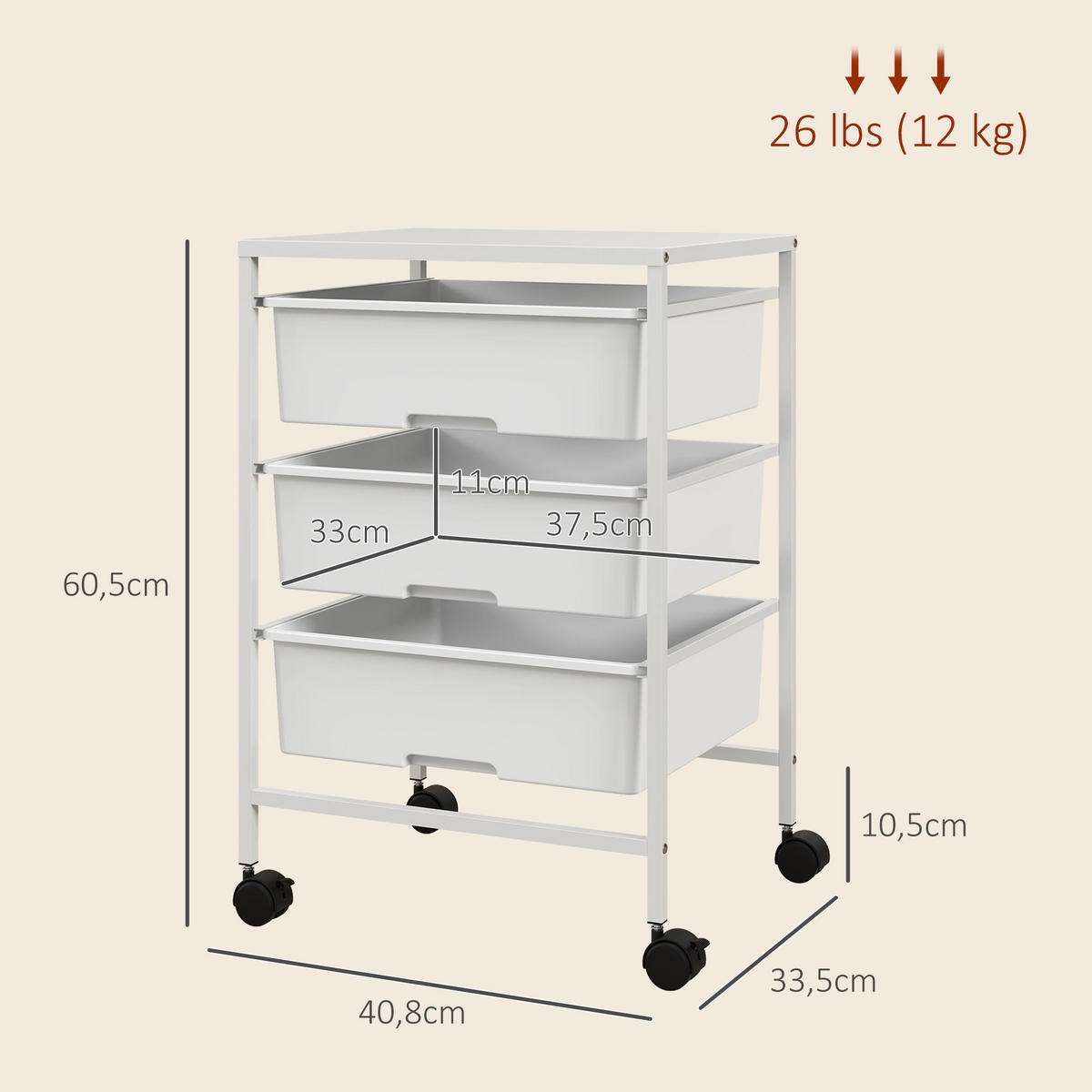 ROLLWAGEN, Servierwagen mit 3 Etagen, 40,8 x 33,5 x 60,5 cm, Weiß - Weiß, Metall (40.8/60.5/33.5cm) - HOMCOM