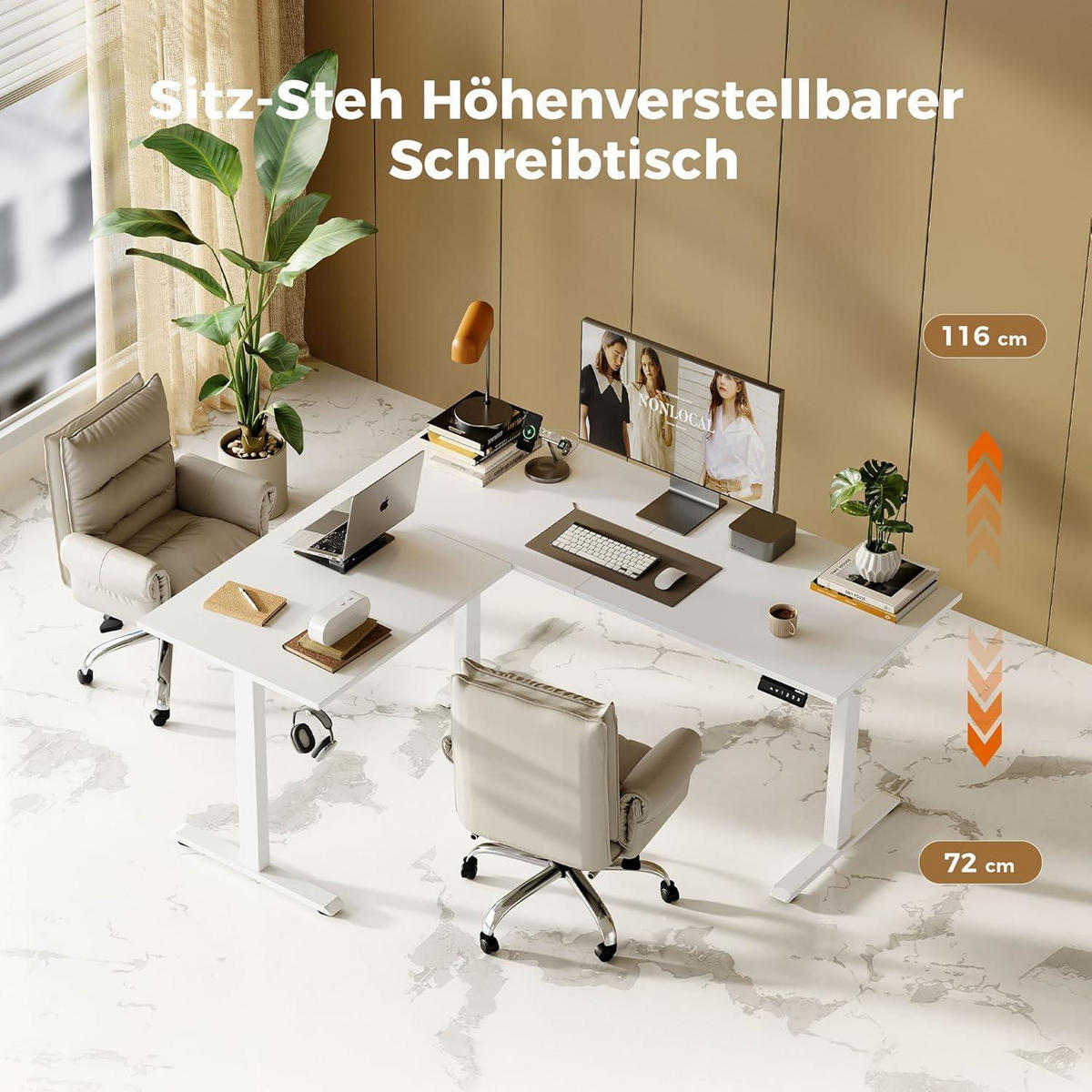 SCHREIBTISCH L-förmig Höhenverstellbar Weiß 190 x 155 cm - Weiß, Holzwerkstoff (190/60/75cm)