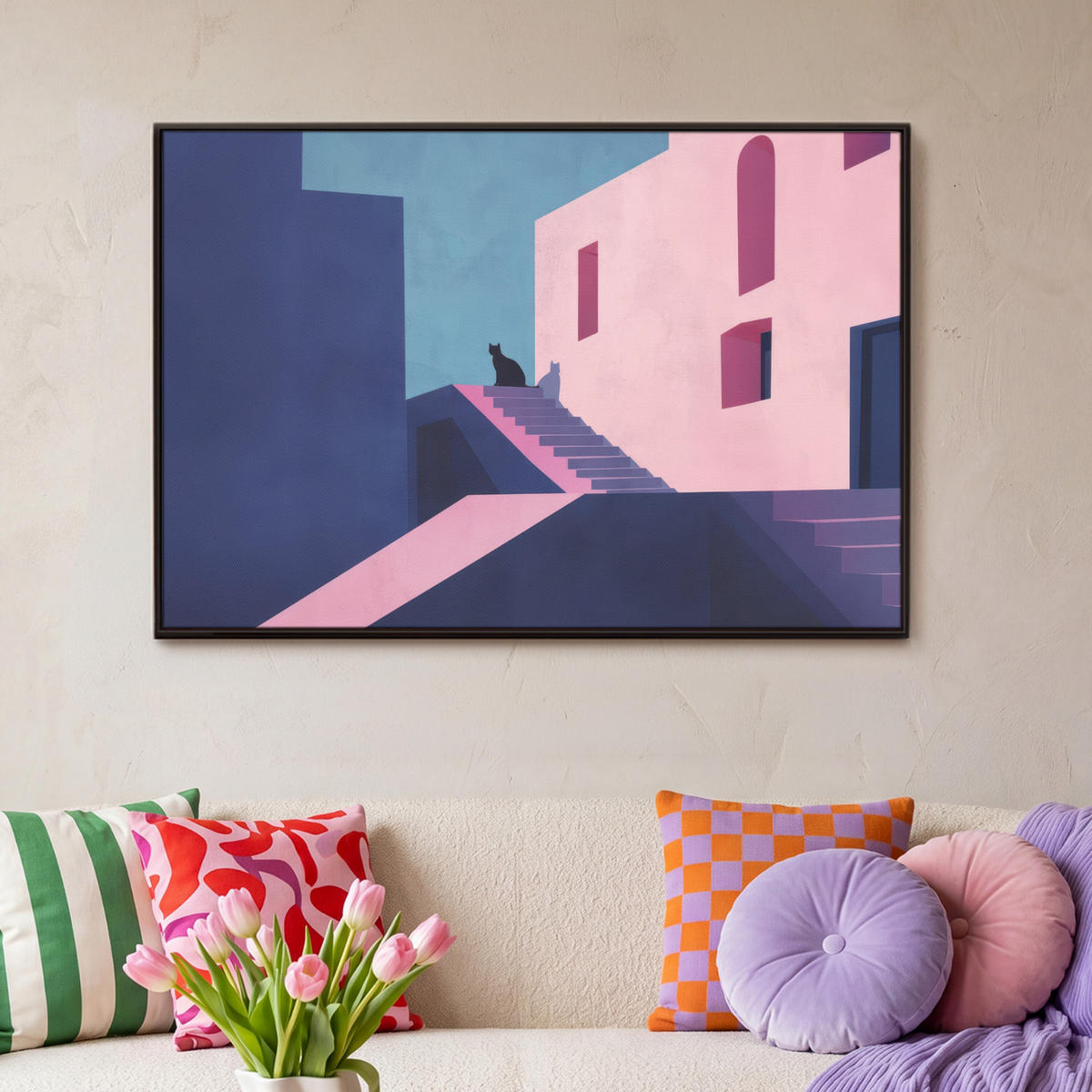 LEINWAND Bilder mit Rahmen - Katze - Treppe - Gebäude - Schattenkontraste - 90x60 - Dunkelblau, Textil (90/60cm) - MuchoWow