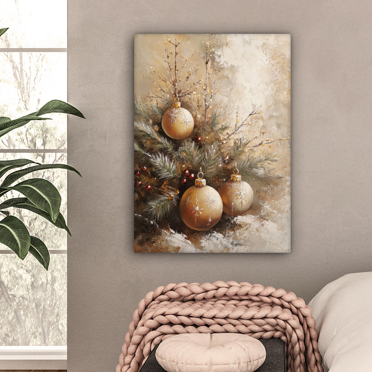 LEINWANDBILD Weihnachten - Kugeln - Beige - Gold Wandbild Wohnzimmer 60x80 cm - Goldfarben, Textil (60/80cm) - MuchoWow