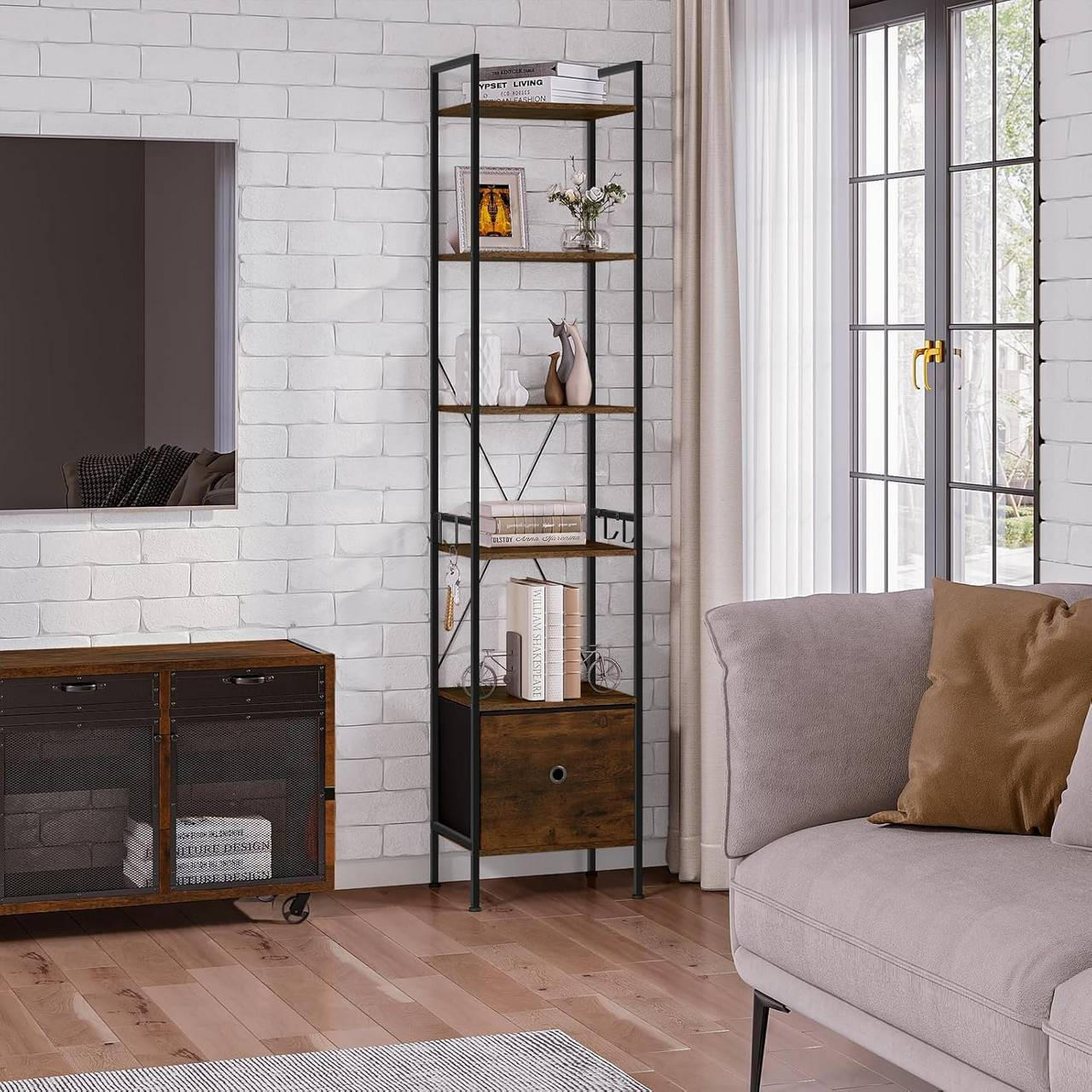 REGAL mit 5 Ablagen, 1 Schubladen, Vintagebraun - Dunkelbraun/Schwarz, Holzwerkstoff/Textil (40/187/30cm) - Woltu