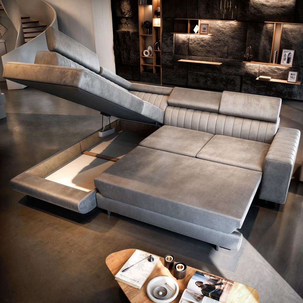 ECKSOFA NOLA L-S Beige Velours-Stoff mit Schlaffunktion - Beige, Holz (253/190cm) - MASSENO