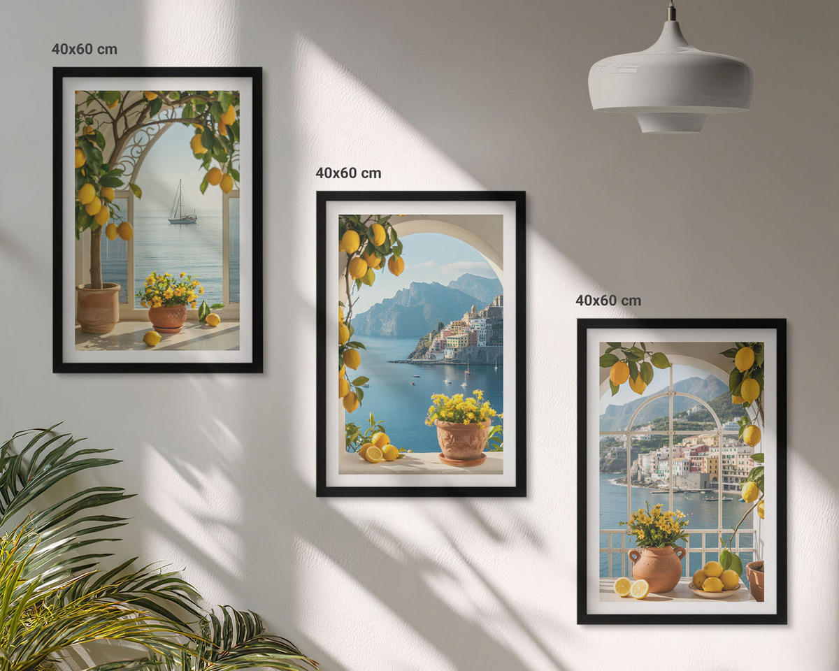 WANDBILDER 3er-Set - 40x60 cm Schwarzer Rahmen - Zitronenblumen aus der Küstenstadt - Schwarz, Kunststoff (40/60cm) - ArtPrintCave
