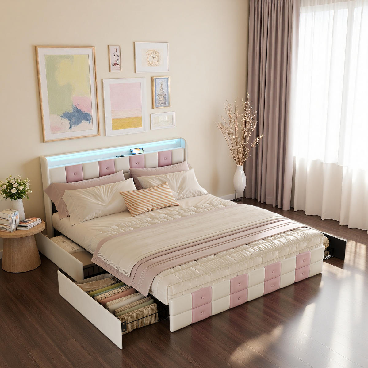 POLSTERBETT 140x200 cm Weiß Rosa Samt LED USB 4 Schubladen - Weiß, Holz (140/200cm) - SHOPENTRA