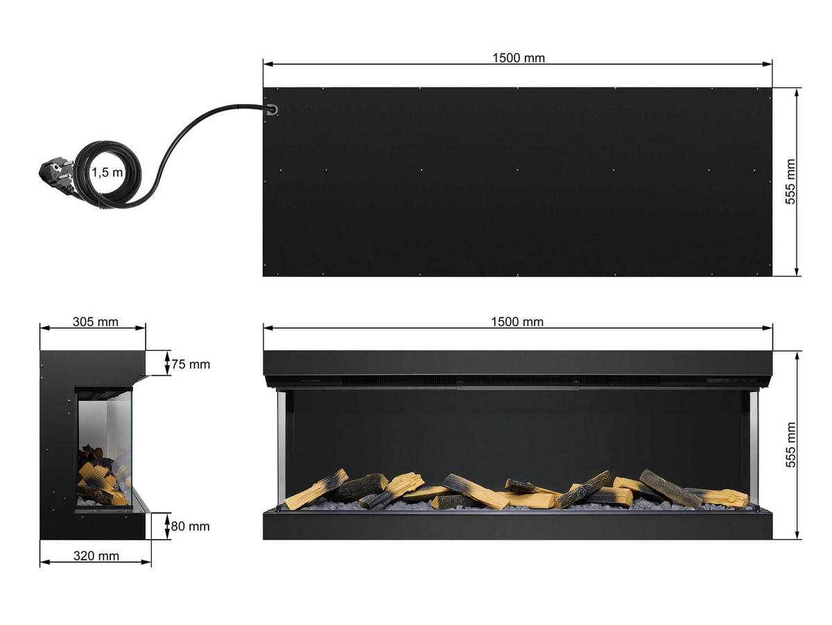 EINBAU-ELEKTROKAMINEINSATZ AF60TS – dreiseitig, Breite 150 cm, 3D-Flammeneffekt, Heizfunktion, WLAN - Schwarz, Glas/Metall (150/55.5/32cm) - ArtiFlame