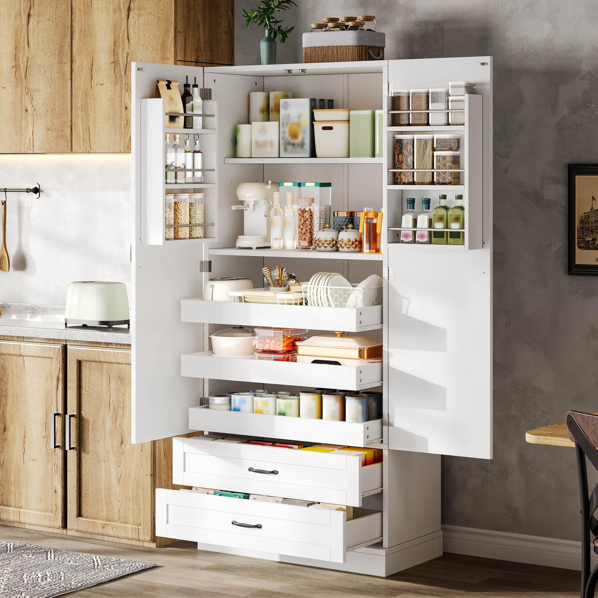 GESCHIRRSCHRANK 180 cm MDF Weiß mit Ausziehböden und Schubladen - Weiß, Holzwerkstoff (37.5/180/80cm) - Korfee