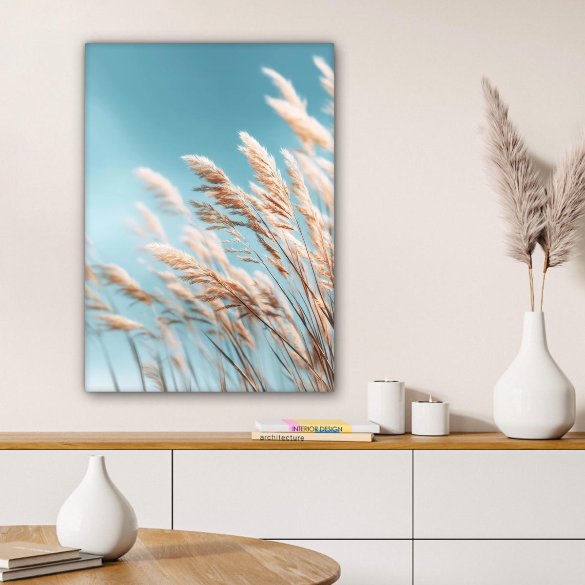 LEINWANDBILD Ziergras - Wind - Hellbraun Wandbild Wohnzimmer 60x80 cm - Hellblau, Textil (60/80cm) - MuchoWow