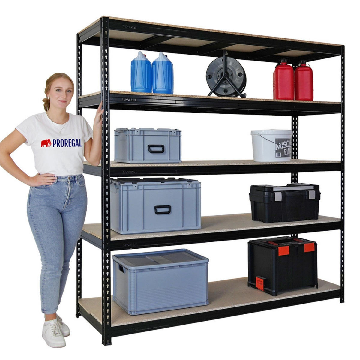 SCHWERLASTREGAL Bison 200x180x60 cm 5 Spanplatten-Ebenen 16mm Fachlast 600 kg Schwarz - Schwarz, Metall (180/200/60cm) - PROREGAL