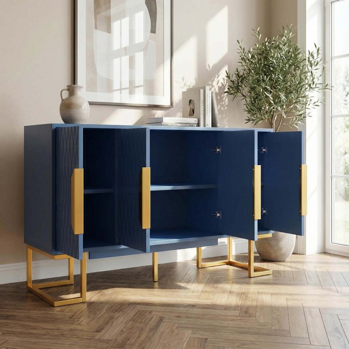 SIDEBOARD 140cm in Blau & Gold - Dunkelblau, Holzwerkstoff (140/80/40cm) - Urban Meuble