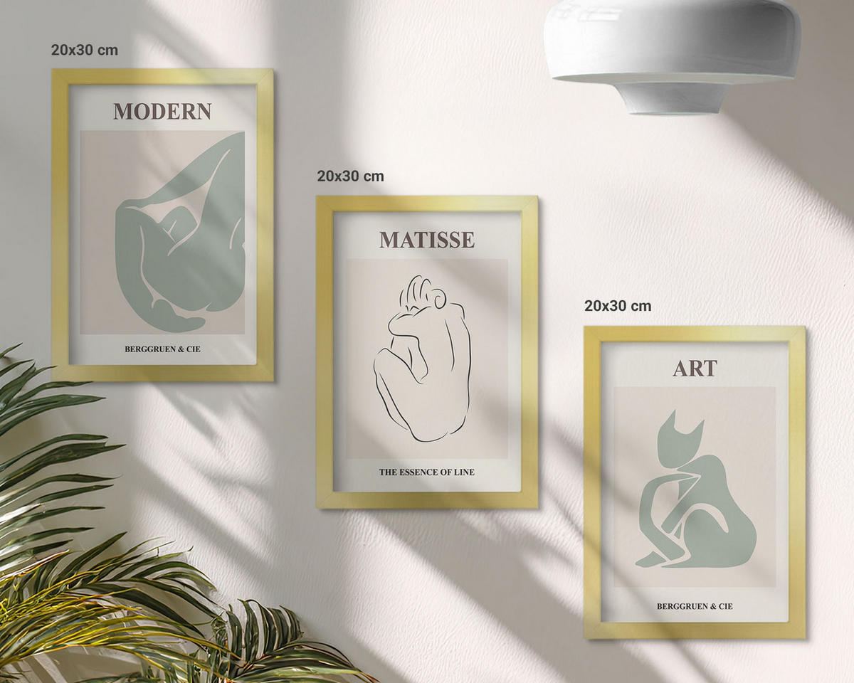 WANDBILDER 3er Set - 20x30 cm Goldrahmen - Abstrakte Pastellfiguren - Goldfarben, Kunststoff (20/30cm) - ArtPrintCave