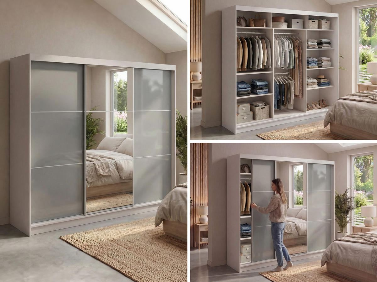 SCHWEBETÜRENSCHRANK mit Spiegel - WALENCJA - 240 - Kaschmir-Grau lacobel - Kaschmir/Alufarben, Holzwerkstoff/Metall (240/216/61cm) - MKS