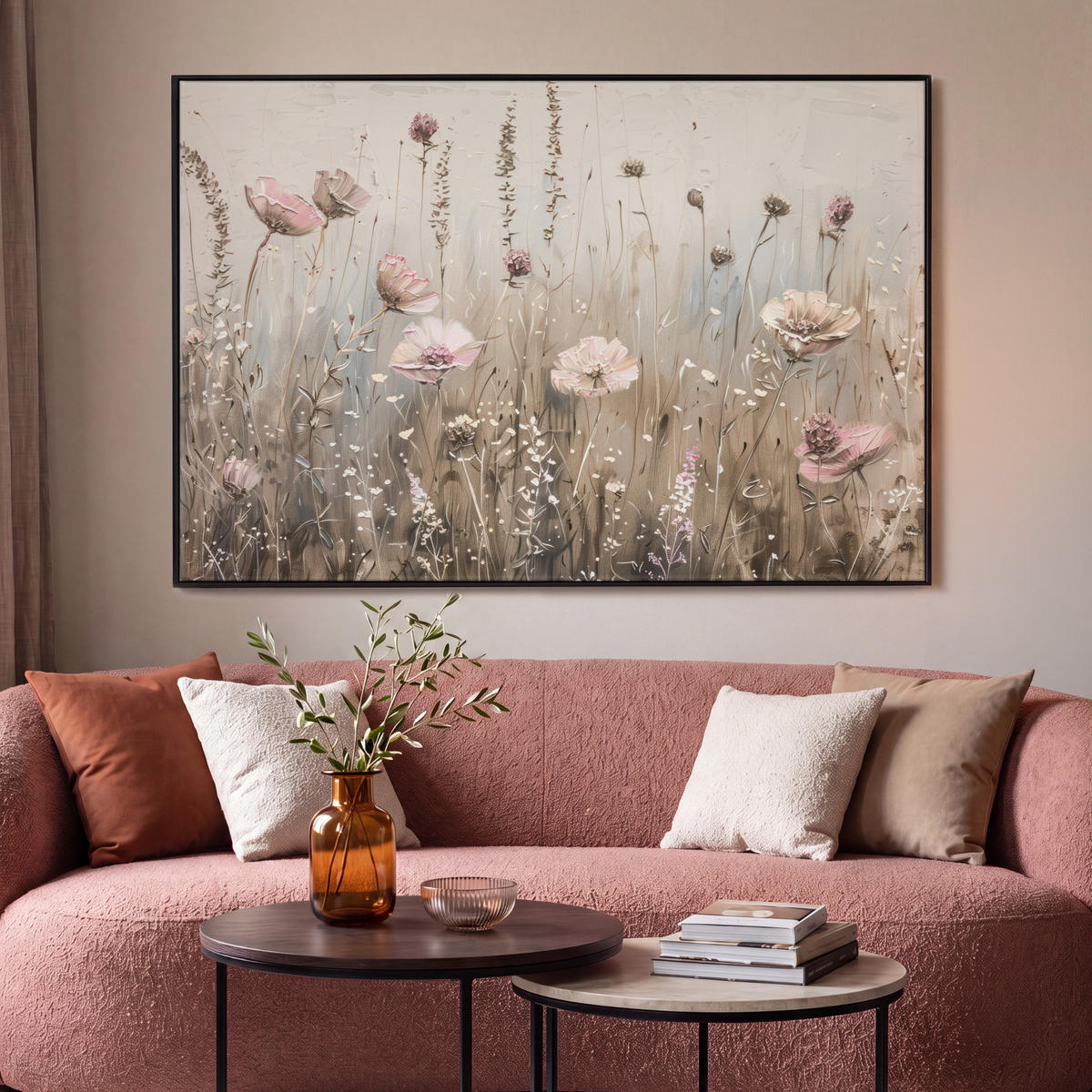 LEINWAND Bilder mit Rahmen - Blumen - Rosa - Modern - Beige - 120x80 - Beige, Textil (120/80cm) - MuchoWow