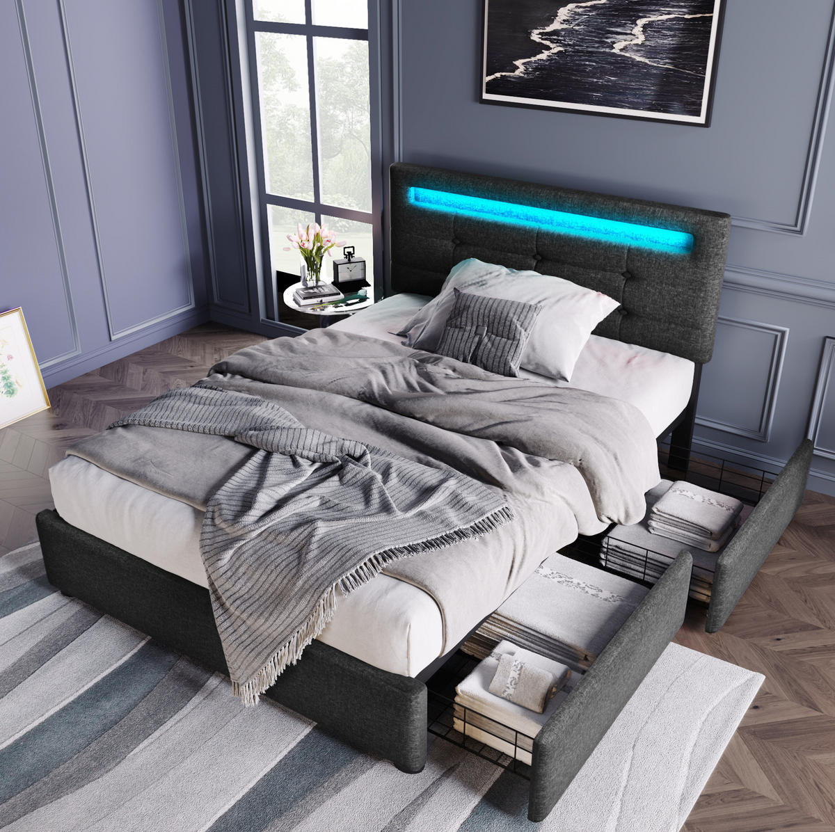 POLSTERBETT 90/200 cm Grau aus Leinen mit LED-Beleuchtung und 2 Schubladen - Grau, Textil (90/200cm) - OKMYHOME