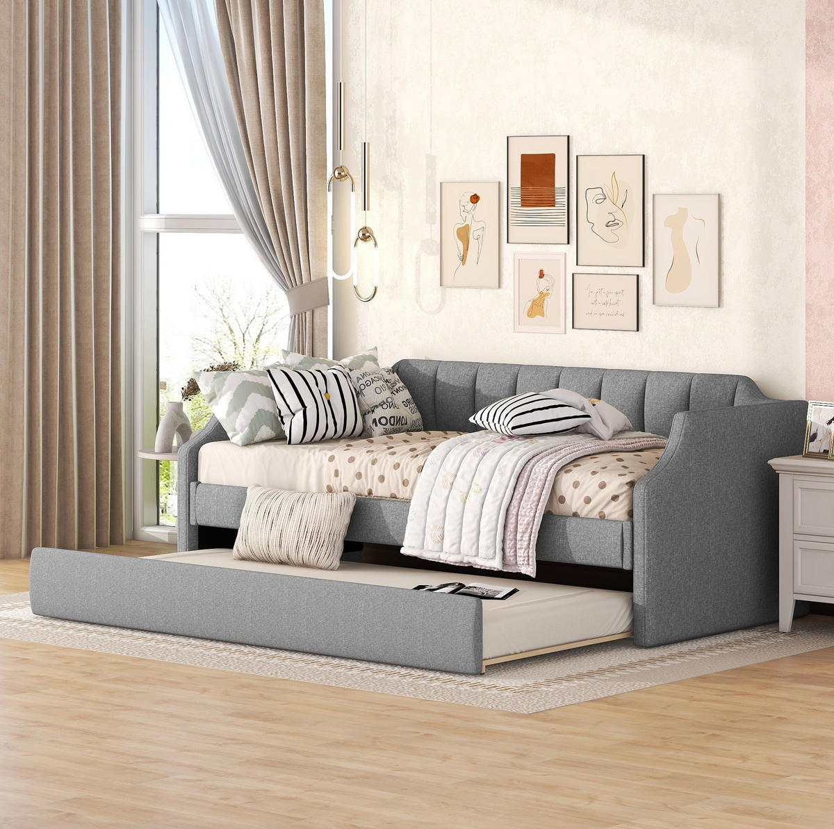 POLSTERBETT 90/200 cm mit Rollbett und gepolstertem Kopfteil, Grau - Grau, Textil (90/200cm) - BEAOK